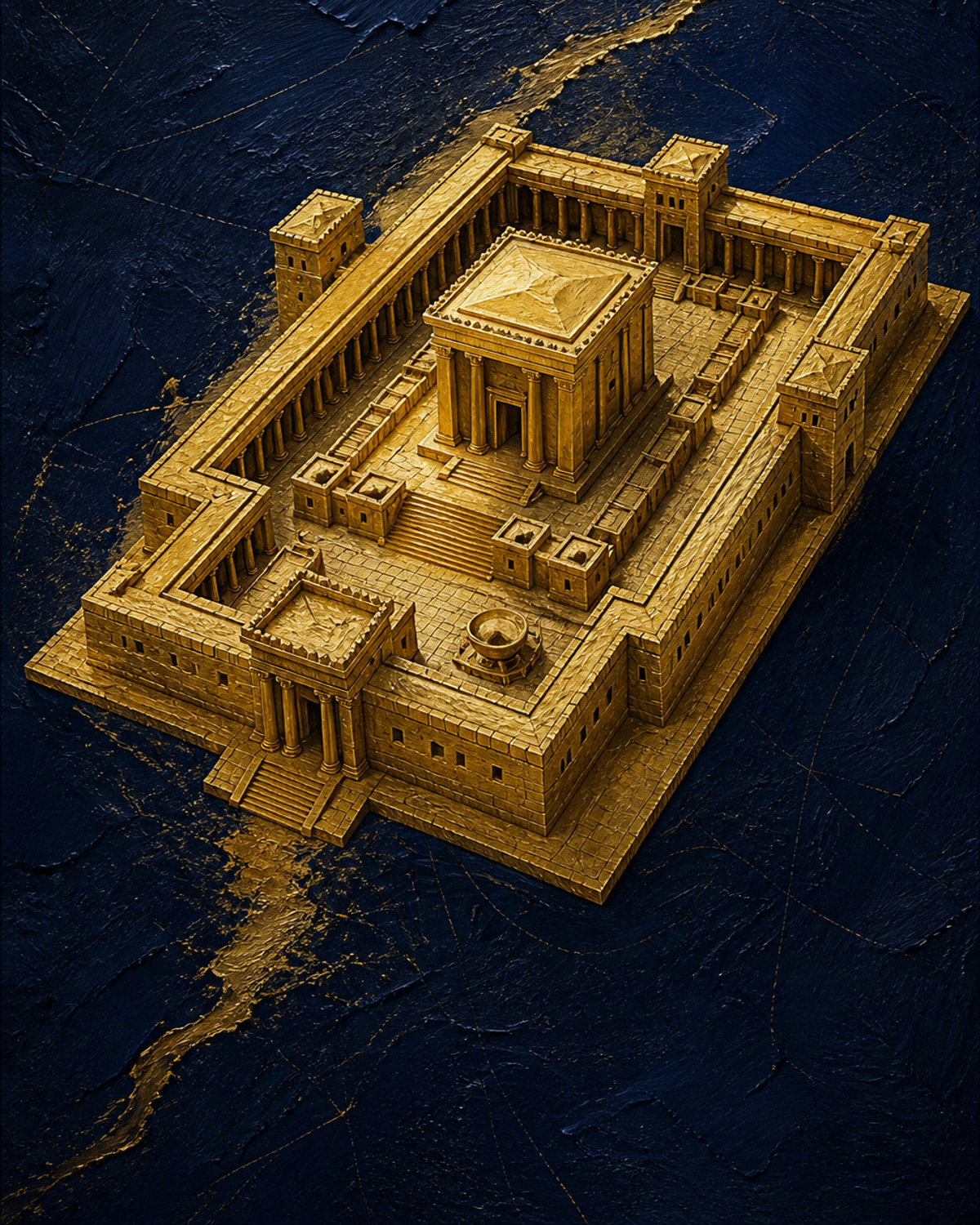 A gold-leaf Synthetic Working model of an Iron Age Levantine temple complex on a deep navy impasto field