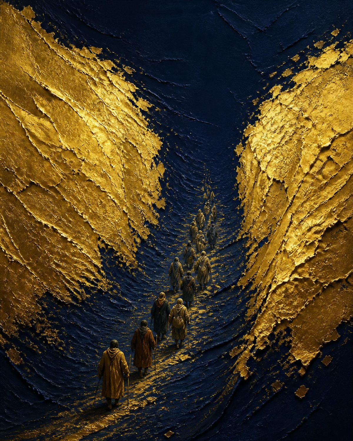 Anonymous ancient travellers moving through a deep navy passage between monumental torn gold-leaf banks